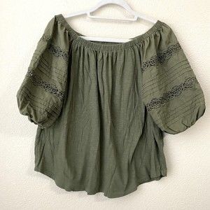 Loft Ann Taylor Womens Blouse Top Size M Green Off Shoulder Cotton L4